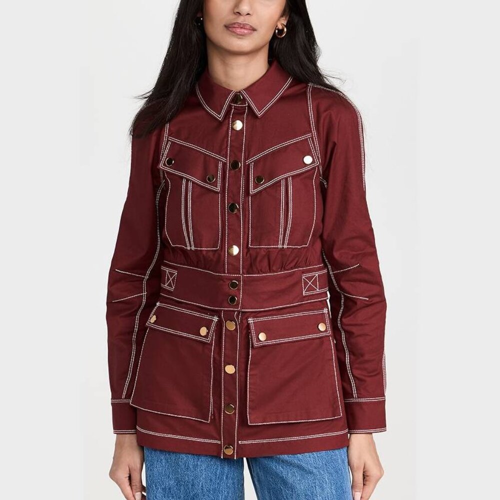 Veronica Beard Keswick Deep Brick Topstitched Cotton-Twill Jacket